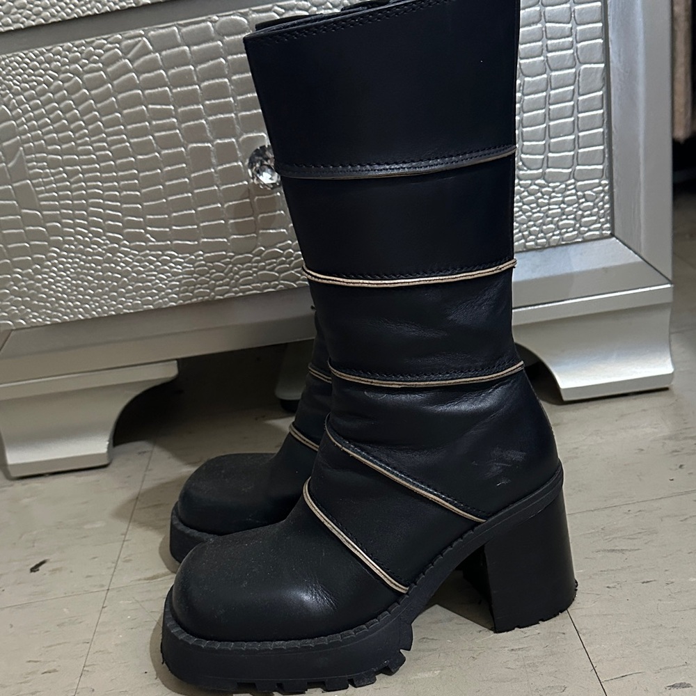 Miista Black Heeled Boots with Cream Accents